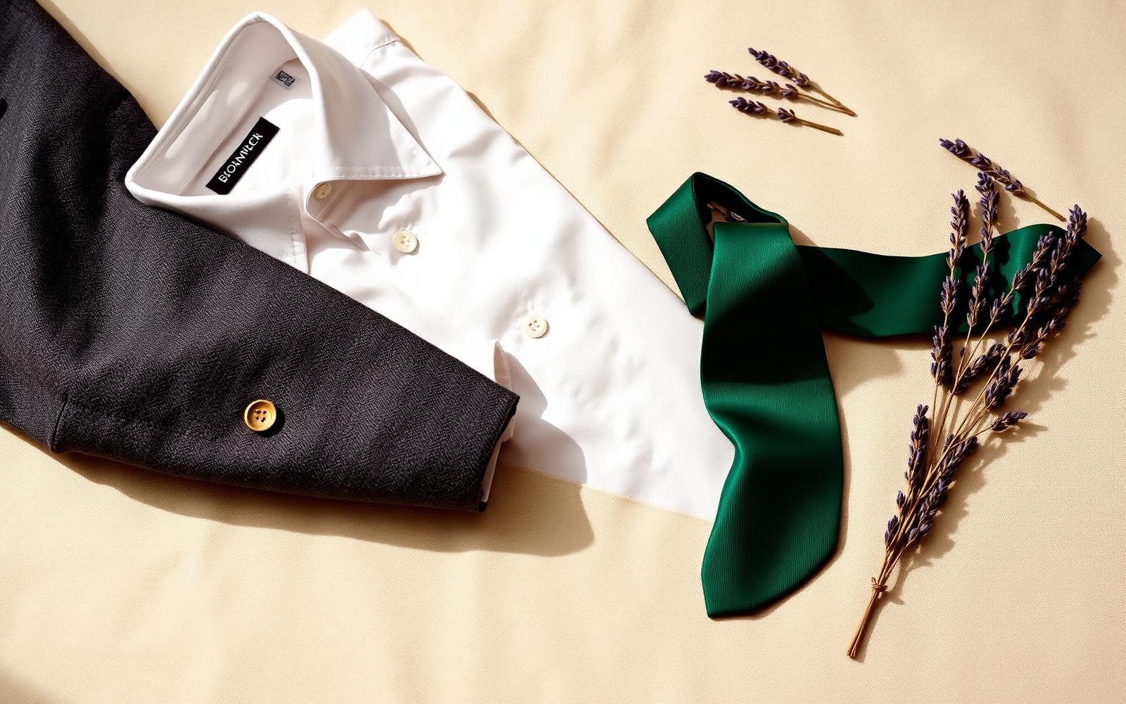 Folded white dress shirt, charcoal wool jacket, deep emerald silk tie, brass buttons and dried lavender on warm cream linen